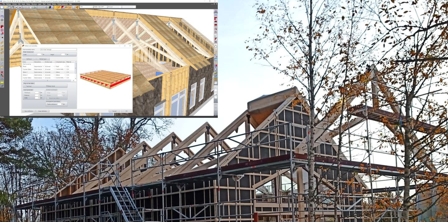 Dachelementierung für die Produktion in der Halle und das Richten der Elemente