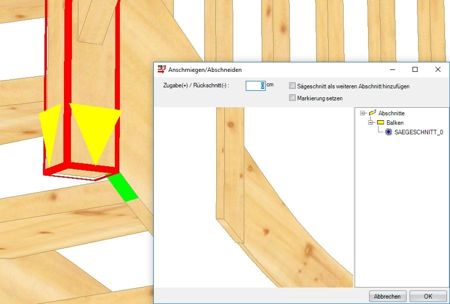 Sägeschnitt: Mit einem Klick wird der Pfosten entsprechend der angeklickten grünen Fläche geschnitten.