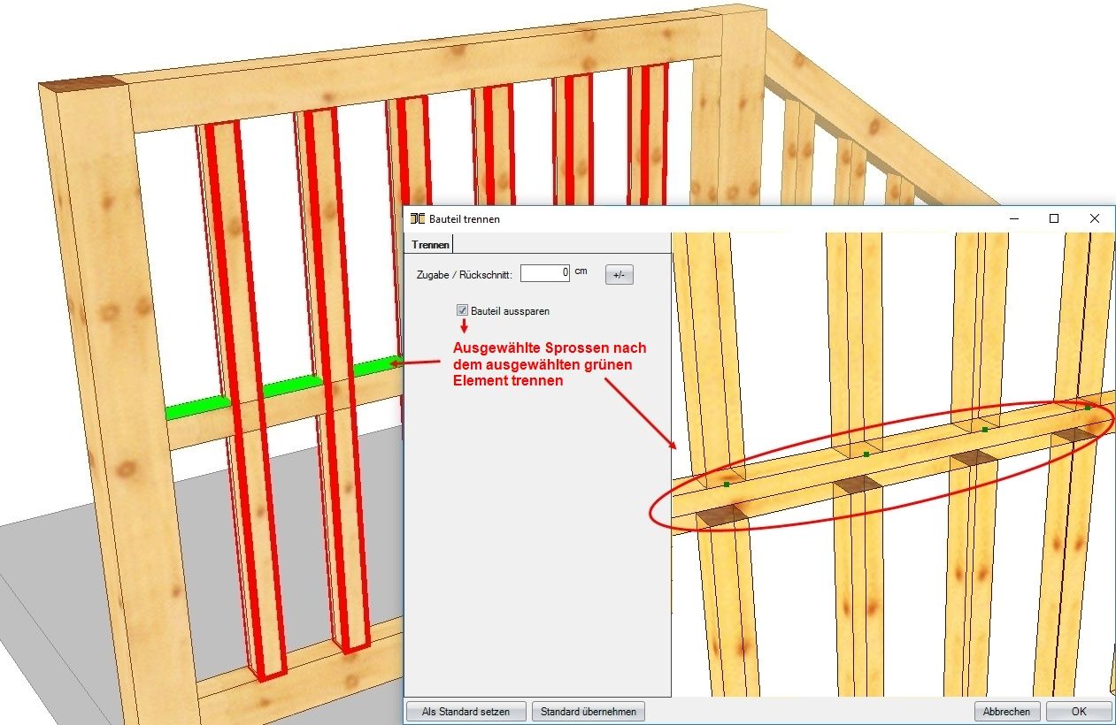 Das Werkzeug 'Bauteil trennen' teilt die Sprossen nach genauen Vorgaben in zwei Teile