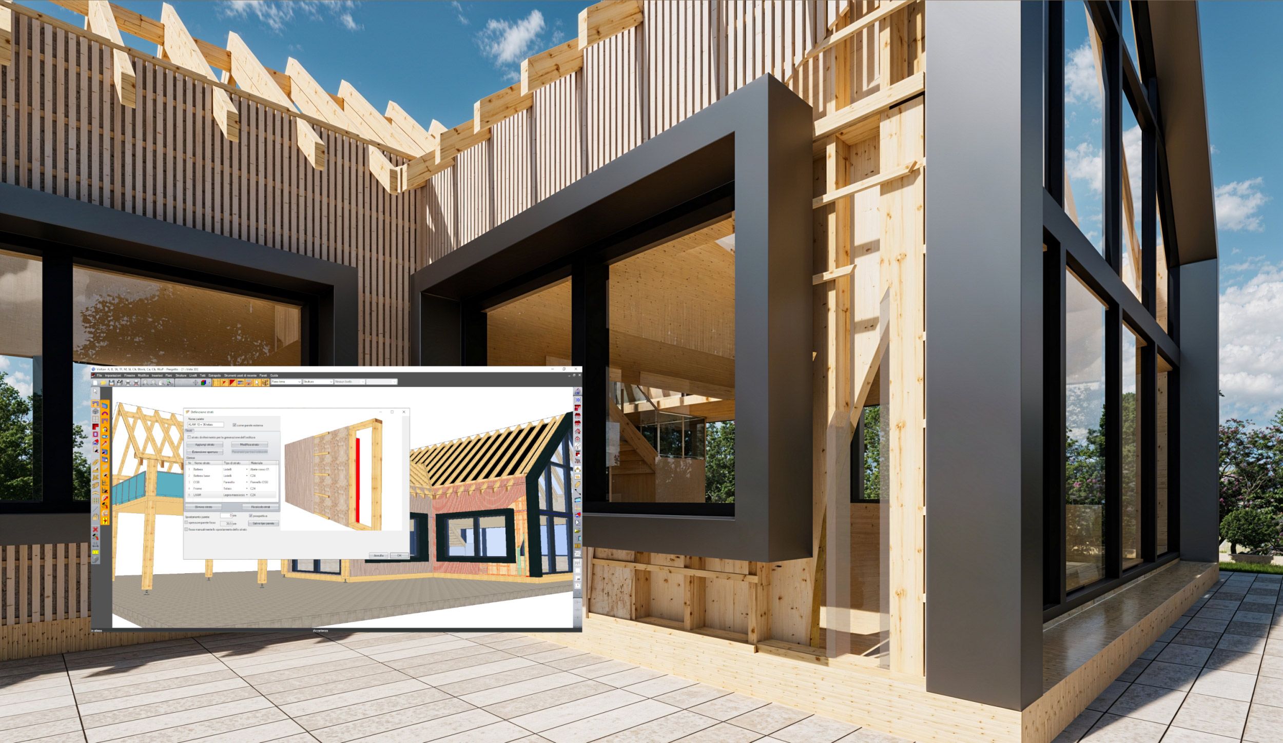 Vorfertigung von Wänden: jede Schicht ist parametrisch konfigurierbar (im Beispiel: gemischte XLAM-Ständerwand)