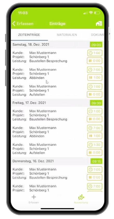 Digiholz Übersicht Zeiteinträge