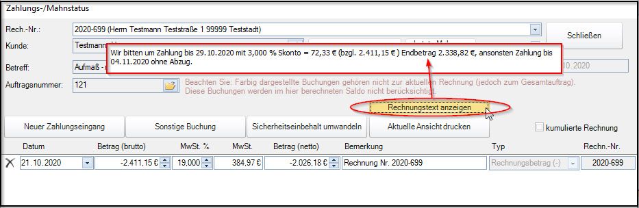 Anzeige des Zahlungszieles, bzw. des Skontos im Zahlungs-/Mahnstatus