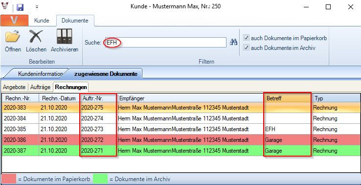 Suchfunktion in Archiv, Papierkorb und Kundenstamm erweitert