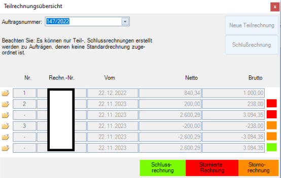 Teilrechnung Übersicht