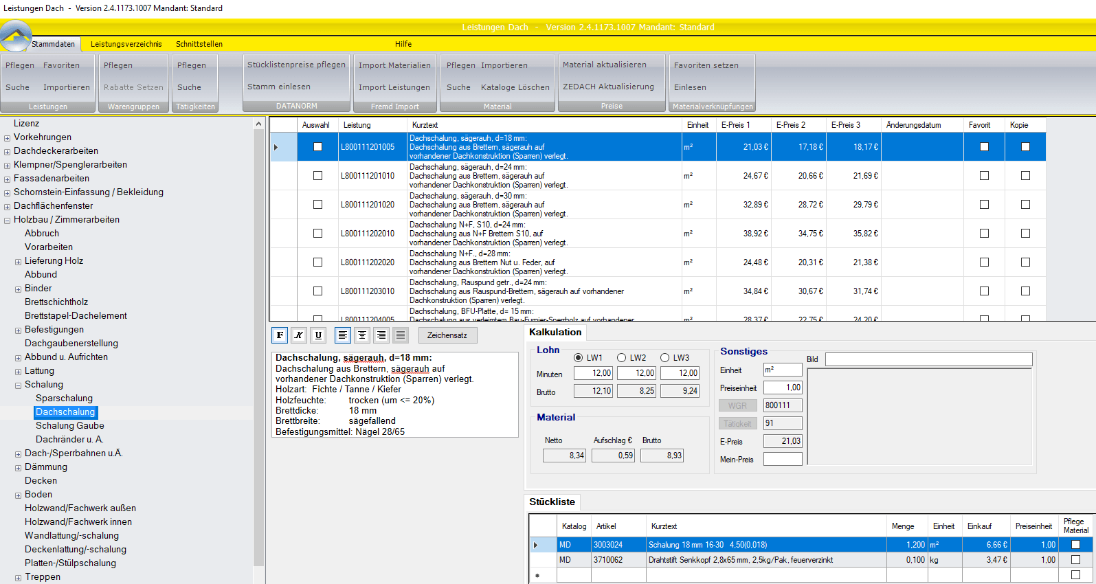 Leistungen-Dach Stammdaten