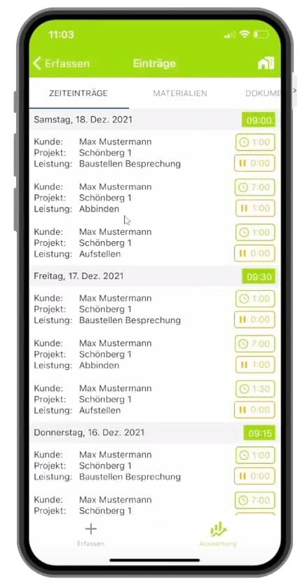Digiholz Übersicht Zeiteinträge