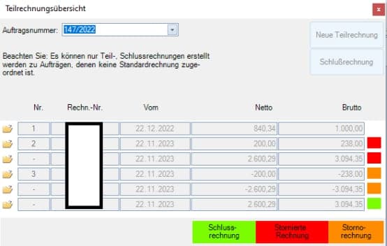 Teilrechnung Übersicht