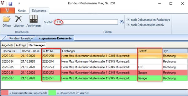 Suchfunktion in Archiv, Papierkorb und Kundenstamm erweitert